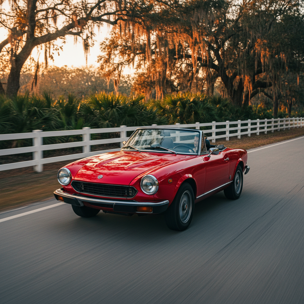 A red Fiat 124 Sport Spider driving down a Florida country road at golden hour