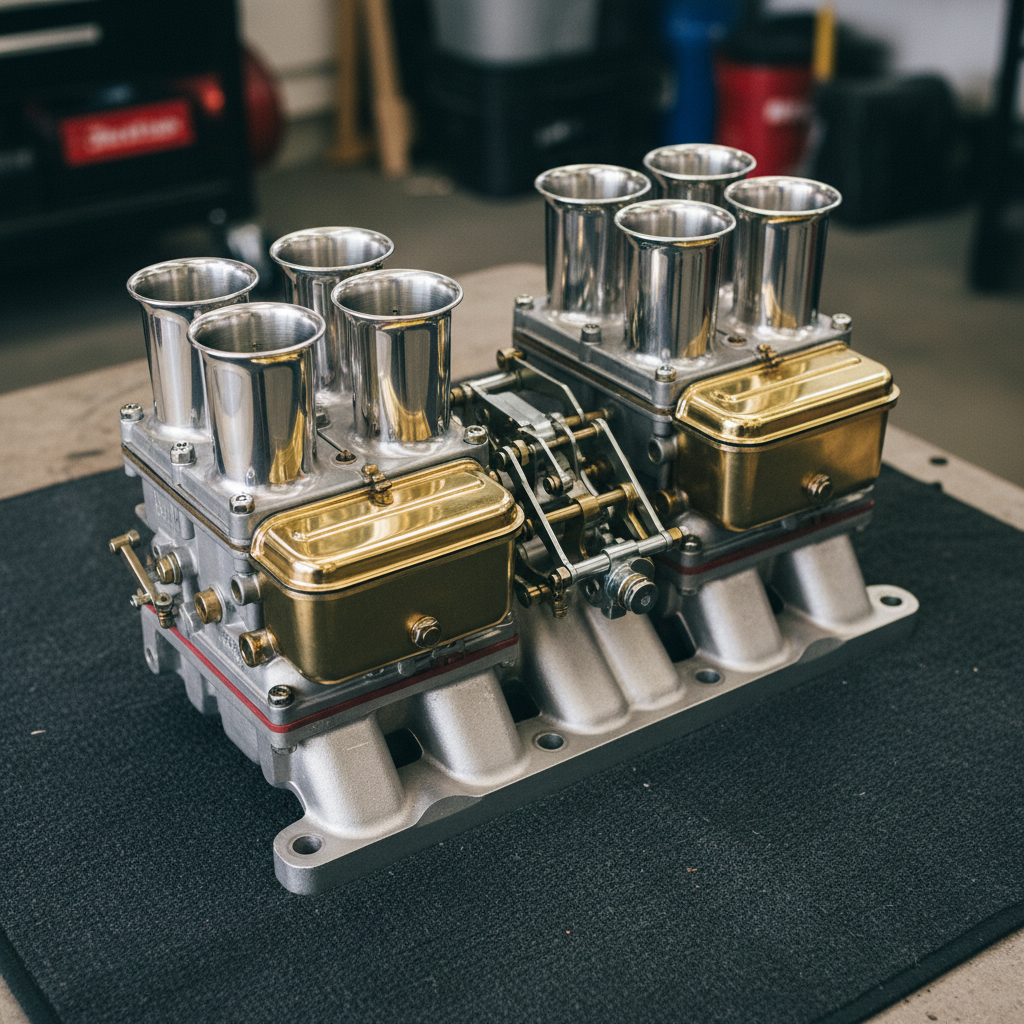 Twin Weber DCOE side-draft carburetors on intake manifold