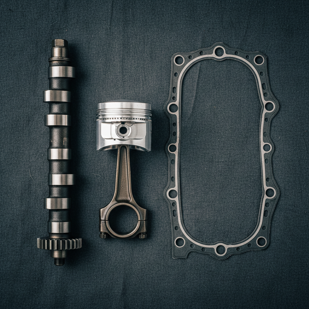 Engine components: camshaft, piston with rod, head gasket