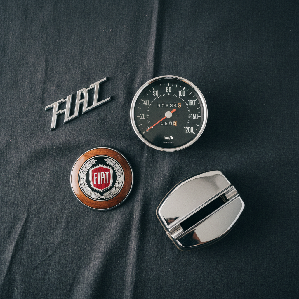 Fiat trim and interior parts: badge, Veglia speedometer, hub emblem