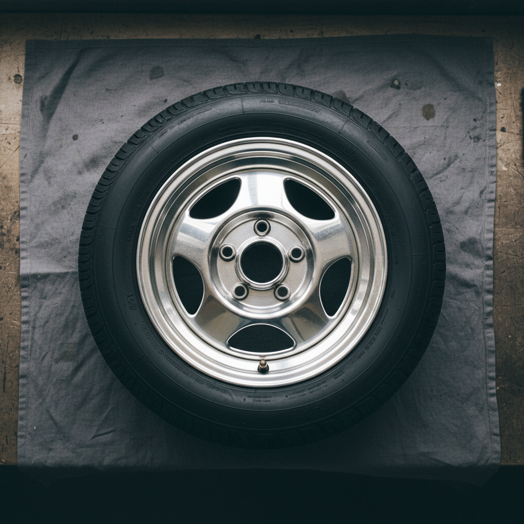 A polished alloy wheel with a black tire mounted