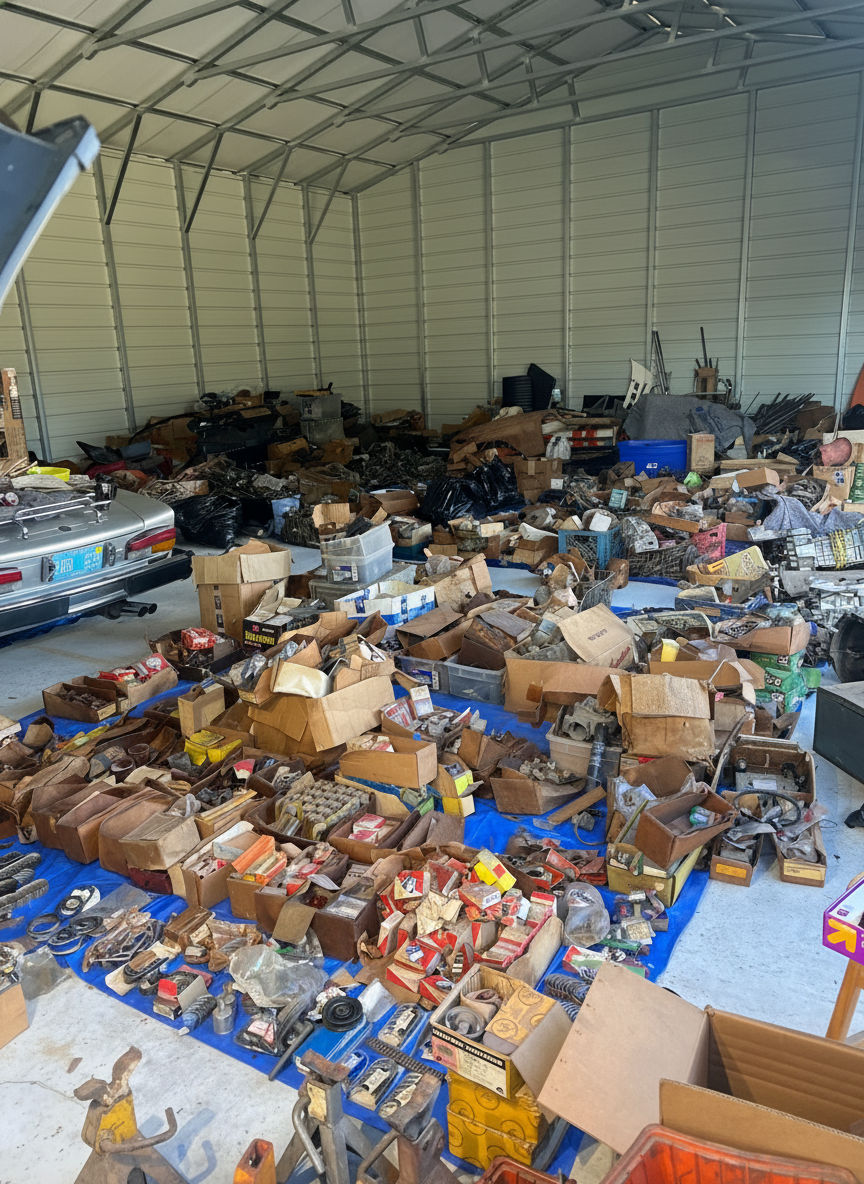 The Italian Performance Restoration parts warehouse in Groveland, Florida — boxes of vintage Italian and Asian car parts