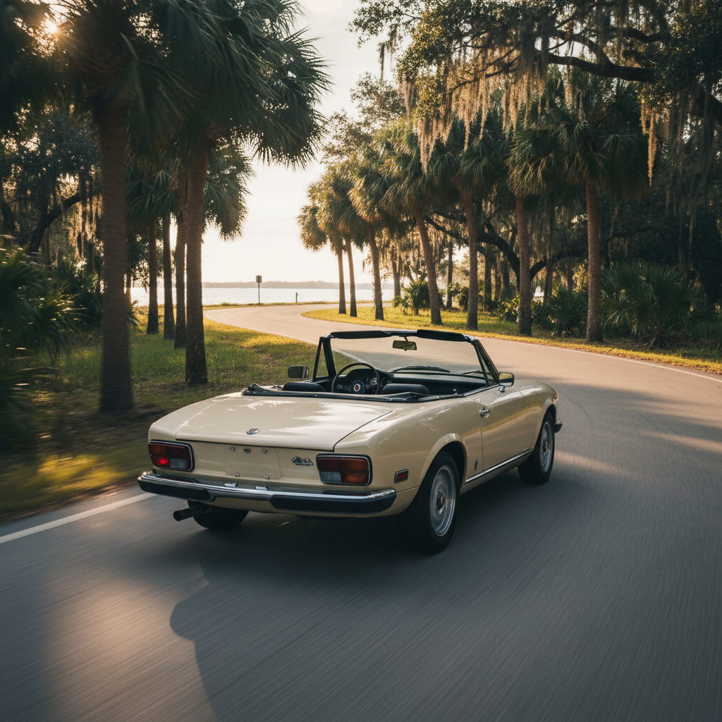 A restored Fiat 124 Spider on the road after a complete restoration by Italian Performance Restoration