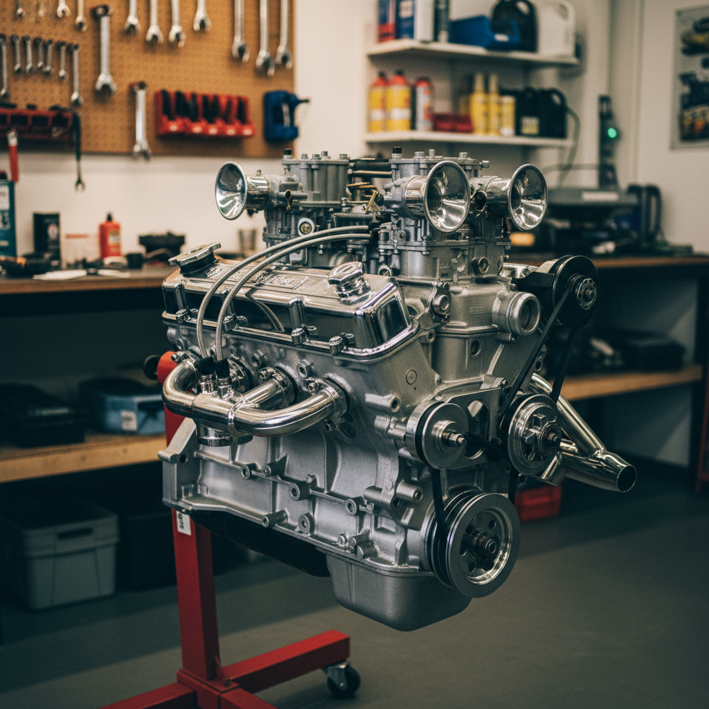 A freshly rebuilt twin-cam engine on a shop stand