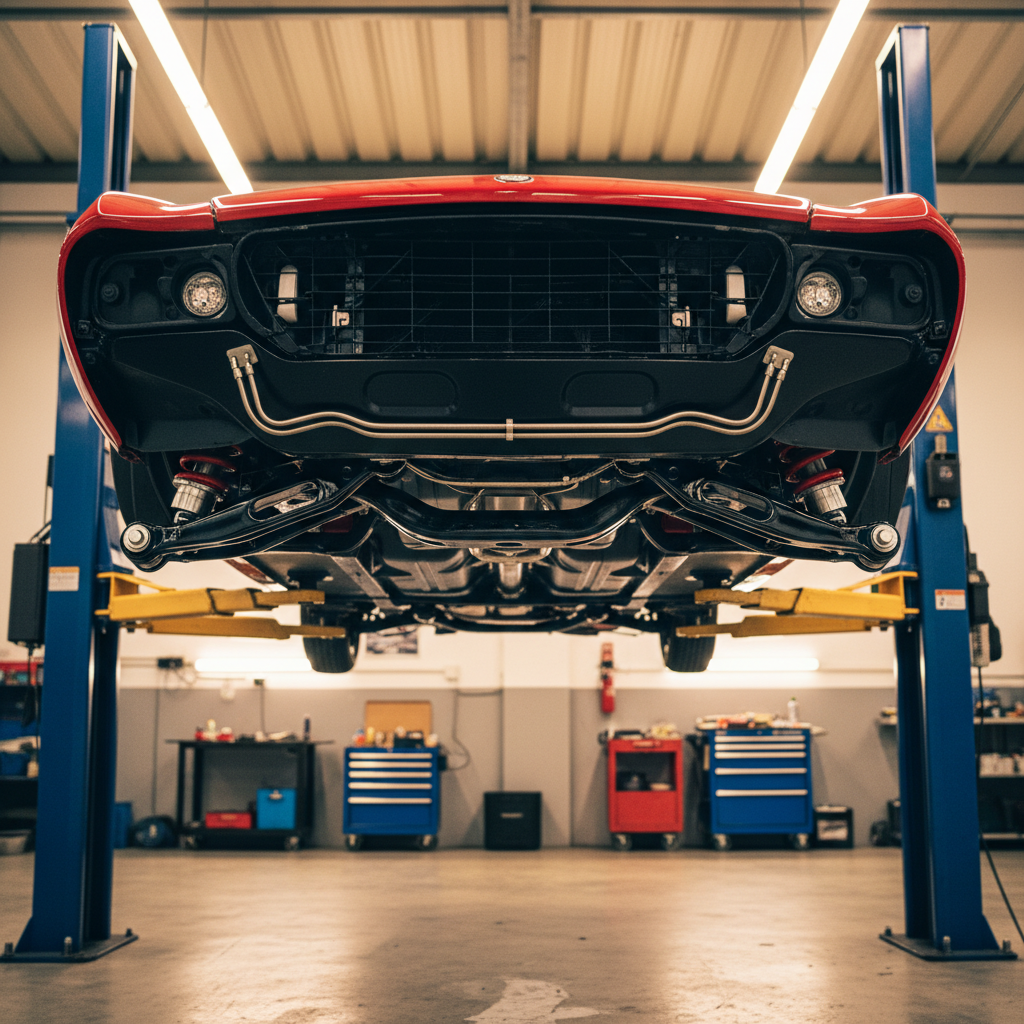 A Fiat Spider on a four-post lift showing fresh suspension components