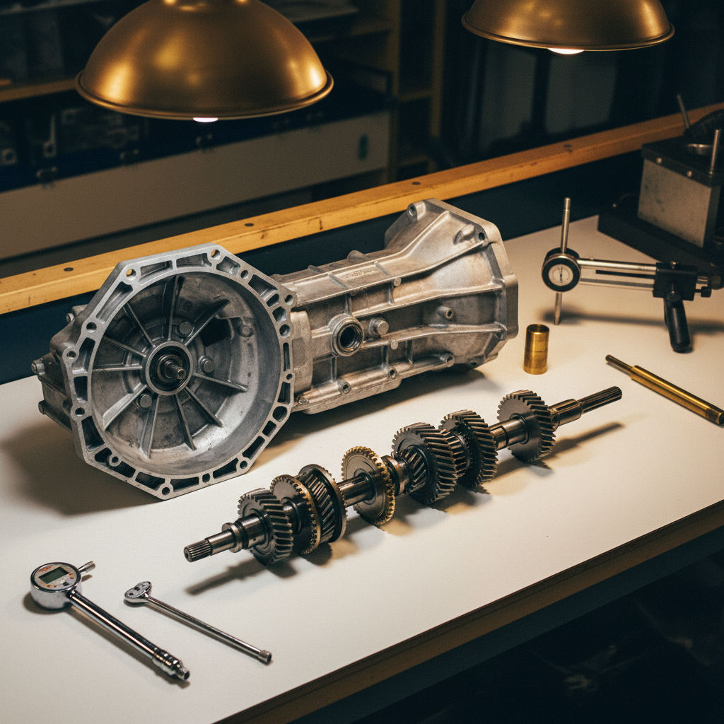 A 5-speed manual transmission case opened on a workbench with gears laid out