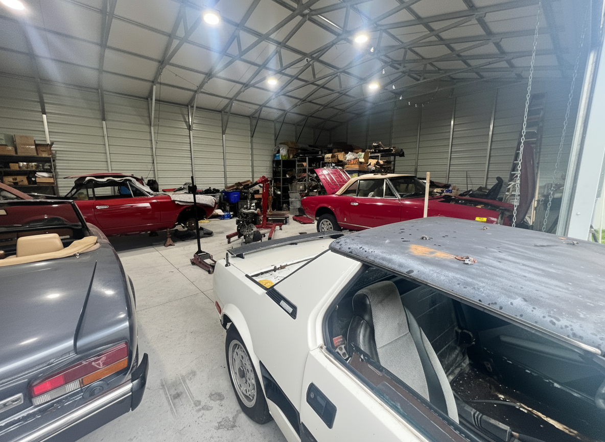 Inside the Italian Performance Restoration shop in Groveland, Florida — multiple Fiat Spiders under restoration